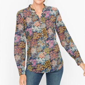 Talbots Womens M Popover Shirt Top Blouse Ruffle Band Collared Cotton Multi